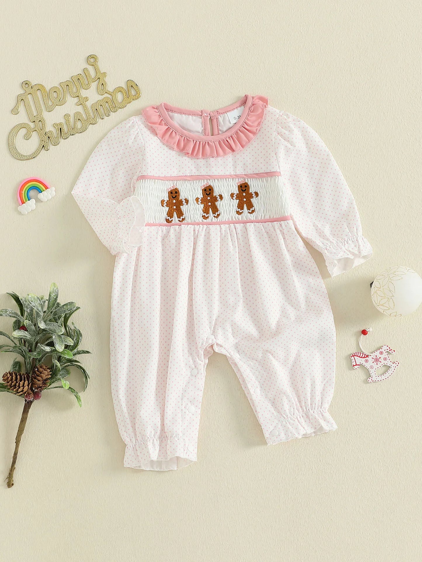 Baby Girls' Christmas Romper - Santa & Gingerbread Embroidery Smocked Long Sleeve Jumpsuit