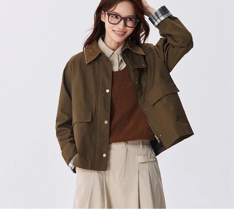 Women's Raglan Sleeve Patchwork Jacket - Loose Fit Retro Chic Autumn Coat