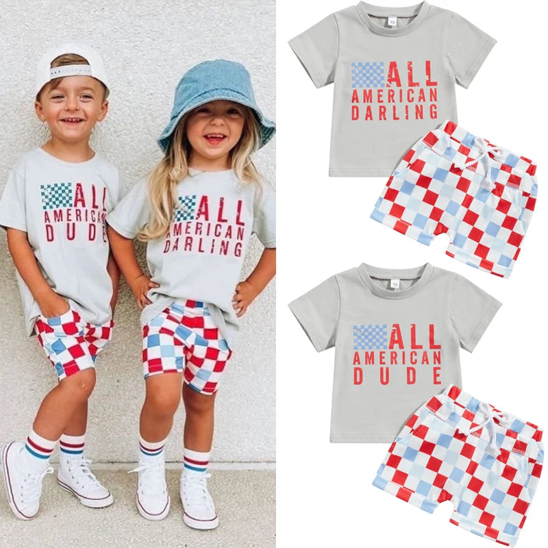 0-3Y American  Baby Girls Boys Clothes Sets Letter Print Short Sleeve T-Shirts and Checkerboard Shorts 2Pcs