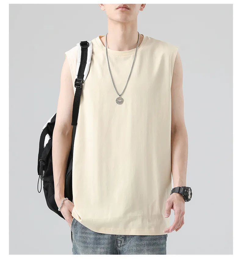 Men's Summer Cotton Sleeveless Loose Vest Sports Comfortable Breathable Round-Neck Tank Top