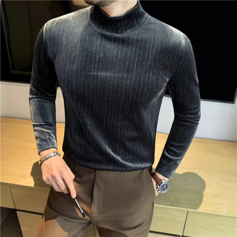 Men's Velvet Mock Neck Long Sleeve T-Shirt