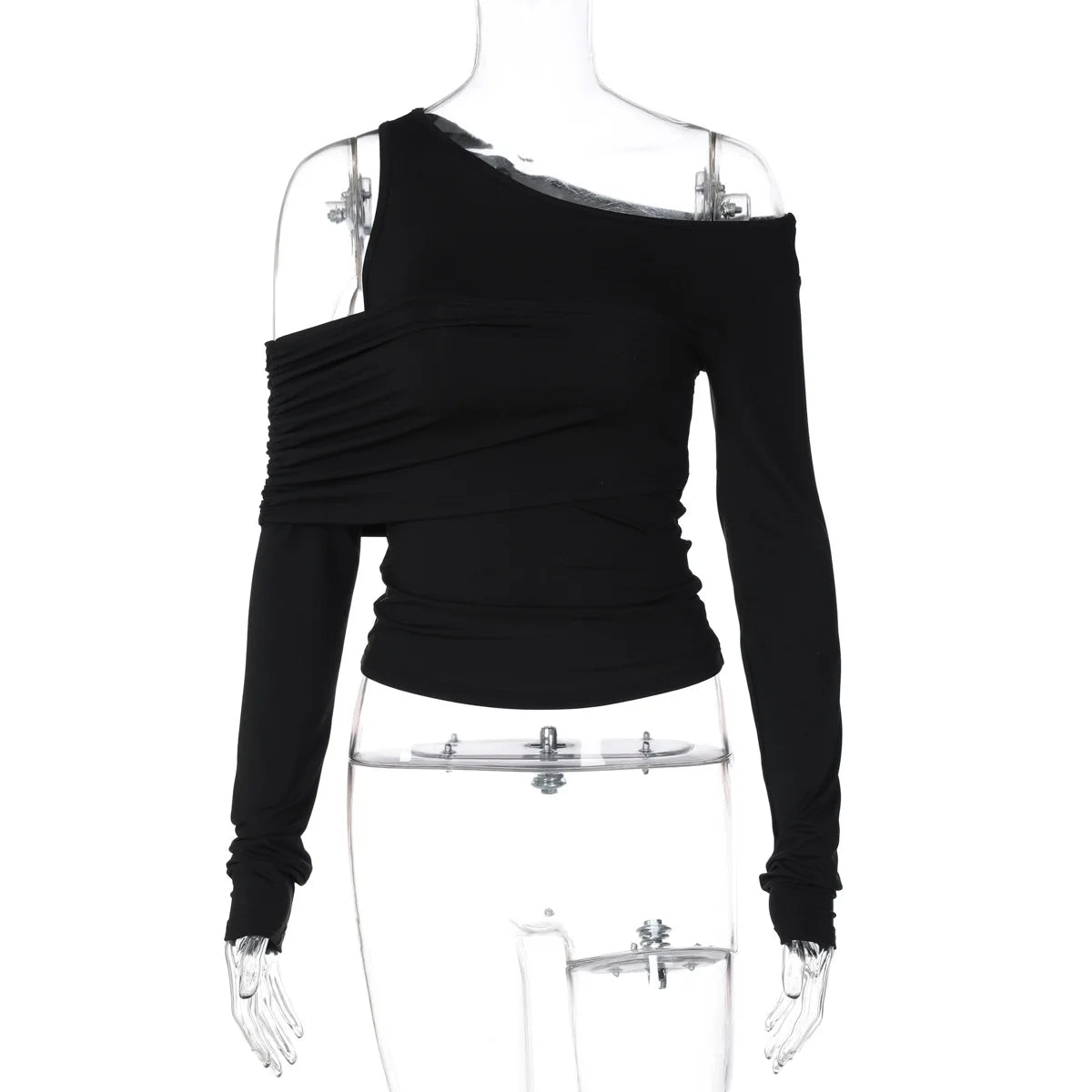 Women's Irregular Skew Collar Pleated Long Sleeve Pullover Top