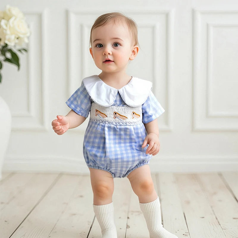 Lovely Baby Summer Romper - Plaid Print Western Embroidery Doll Collar Jumpsuit (0-18M)