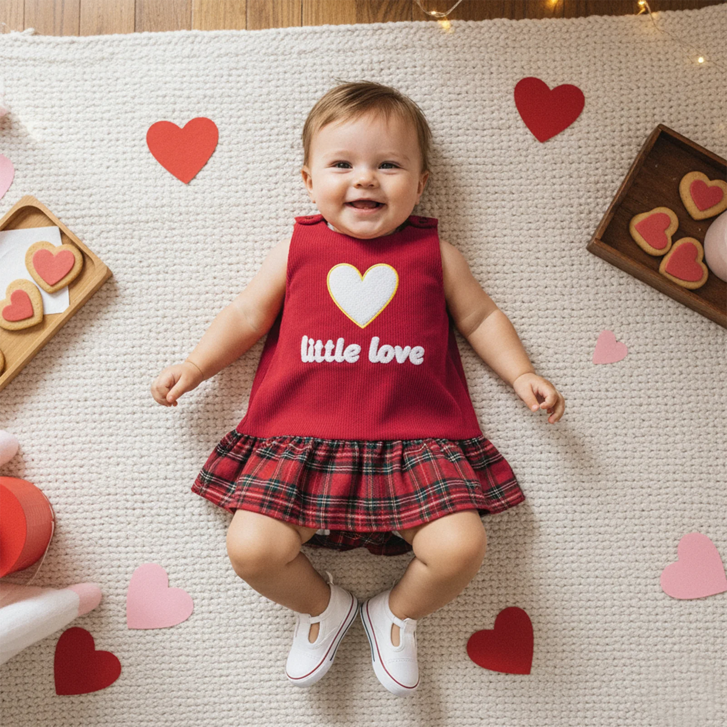 Baby Girls Valentine's Day Heart Embroidered Sleeveless Layered Ruffle Overall Dress