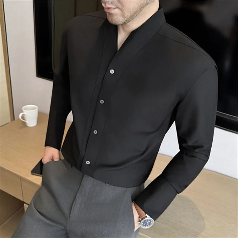 Men's Collarless French Shirt - Long Sleeve Solid Colour Casual Business Blouse for Spring Autumn