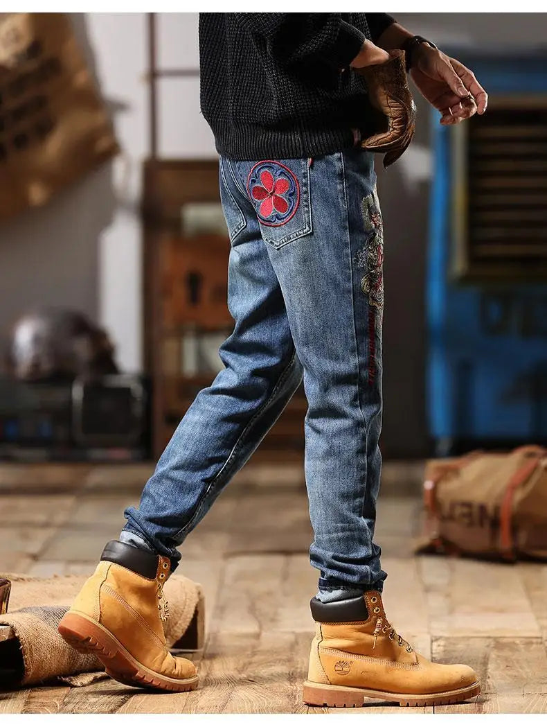 Men's Chinese Embroidered Slim Jeans - Elastic Fit