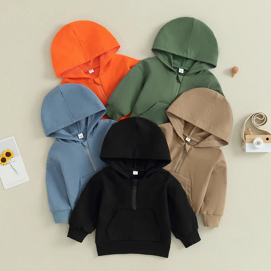 Casual Baby Boys Hoodies T Shirts 0-3Y Solid Long Sleeve Zipper Hooded Pocket Tops Outwear