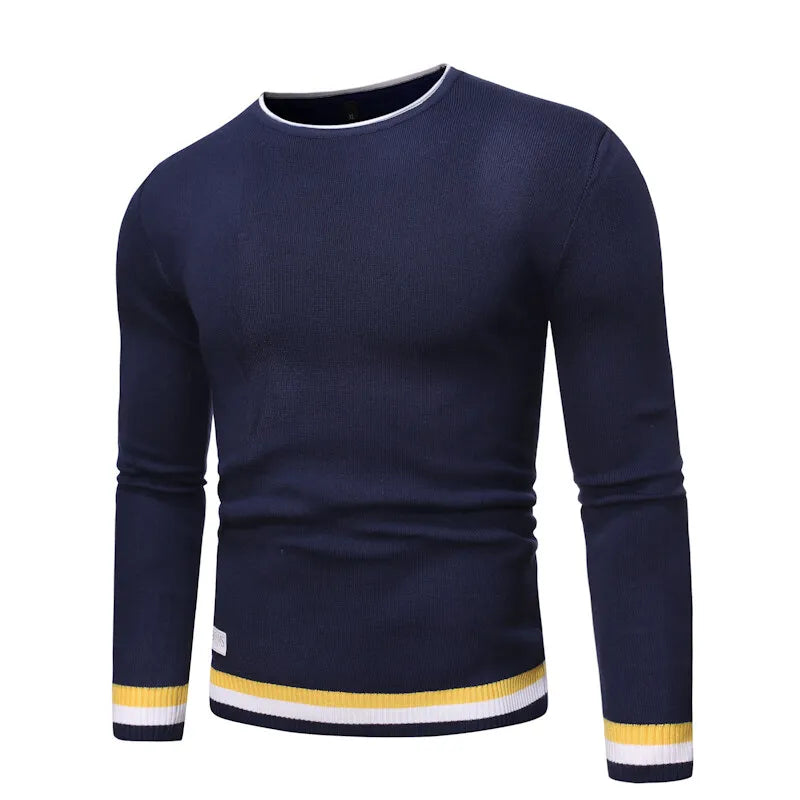 Men's O-Neck Knit Pullover - Long Sleeve Patchwork Sweater