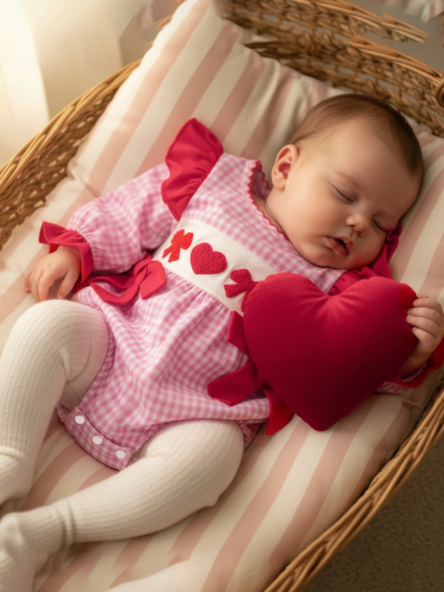 Baby Girls Boys Valentine's Day Plaid Print Bow Heart Embroidered Long Sleeve Romper