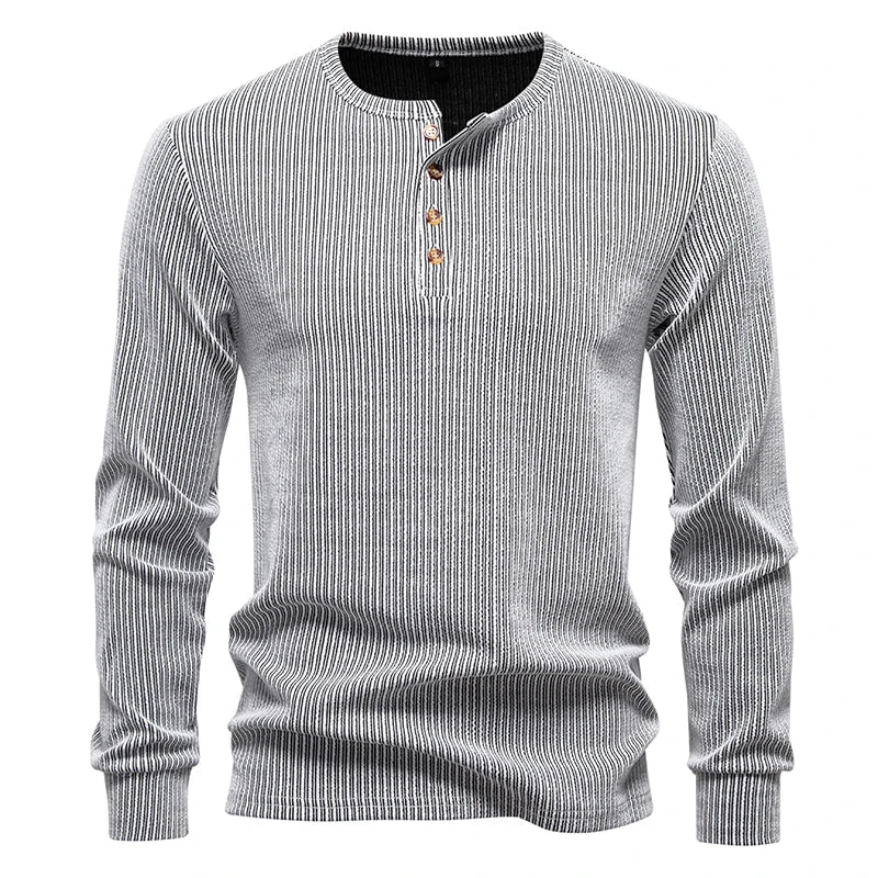 Men's Henry Collar Long Sleeve T-Shirt Solid Striped Smart Casual Pullover