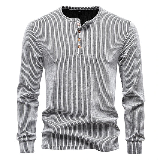 Men's Henry Collar Long Sleeve T-Shirt Solid Striped Smart Casual Pullover