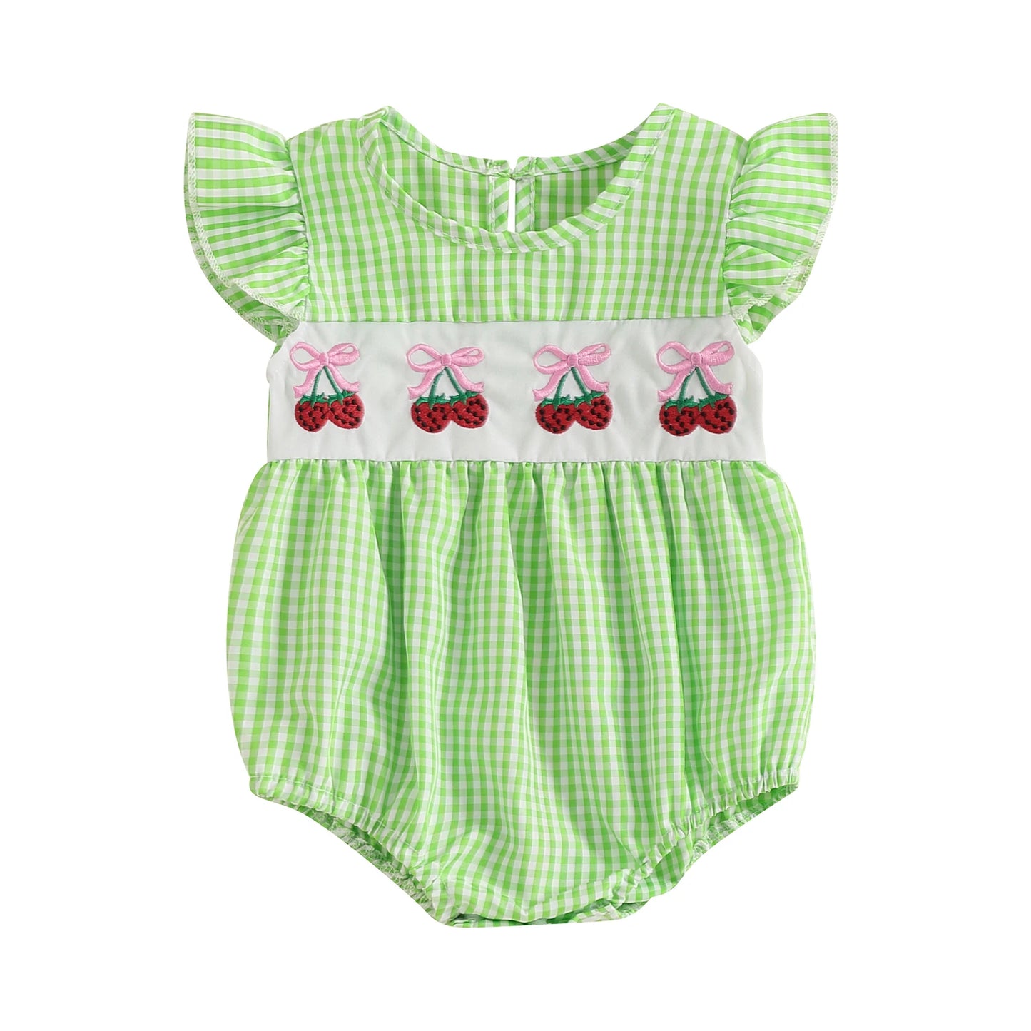 Baby Fruit Embroidery Romper - Ruffles Fly Sleeves Plaid Print Jumpsuit (0-18M)
