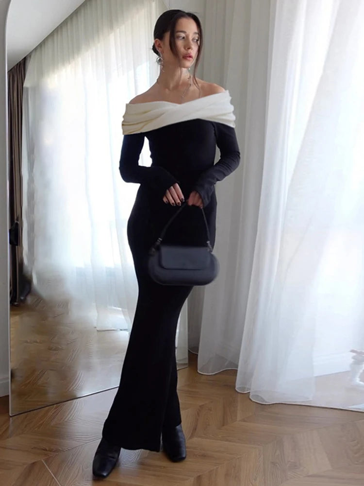 Women's Off-Shoulder Long High Waist Elegant Gown Long Sleeve Splice Bodycon Dress