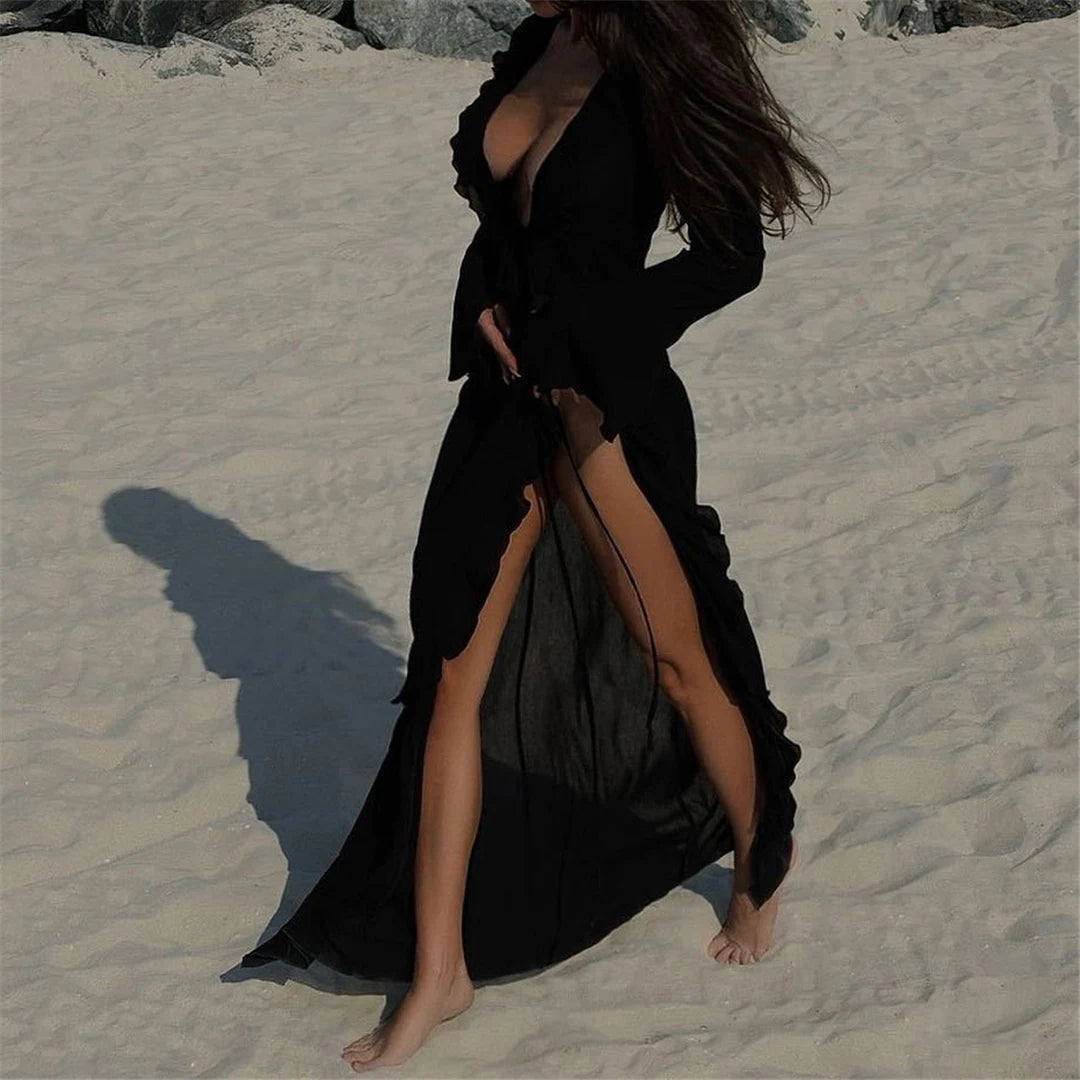 V Neck Ruffled Long Sleeve Chiffon Beach Cover Up Dress