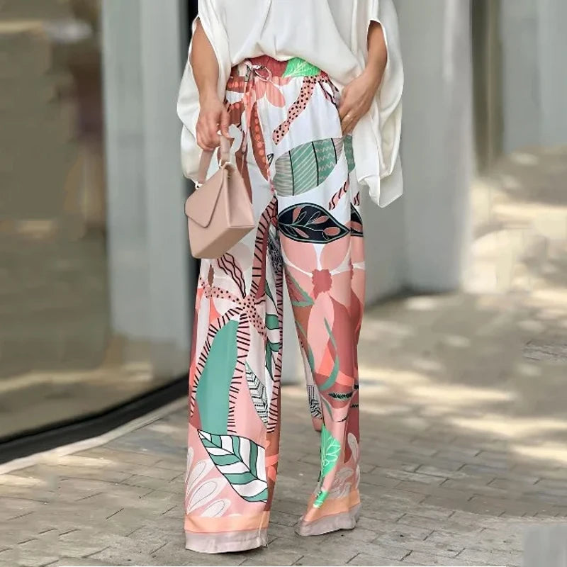 Two Piece Set - Women Summer Casual Solid V Neck Batwing Sleeve Loose Top Wide Legs Printed Stretch Waist Trousers Set