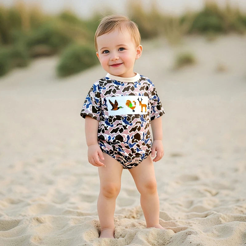 0-18M Summer Casual Baby Boys Romper Camouflage Print Short Sleeve Animal Embroidery Round Neck Jumpsuit