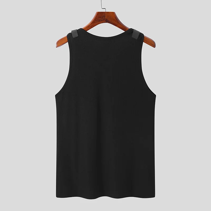 Men's Tank Tops Solid Colour PU Leather Button Sleeveless Round neck Vest