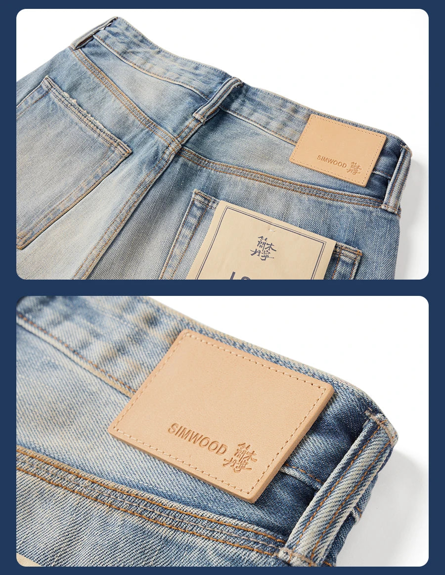 Men's Premium Selvedge Denim Jeans - 14.3oz Cotton Loose Straight Patchwork