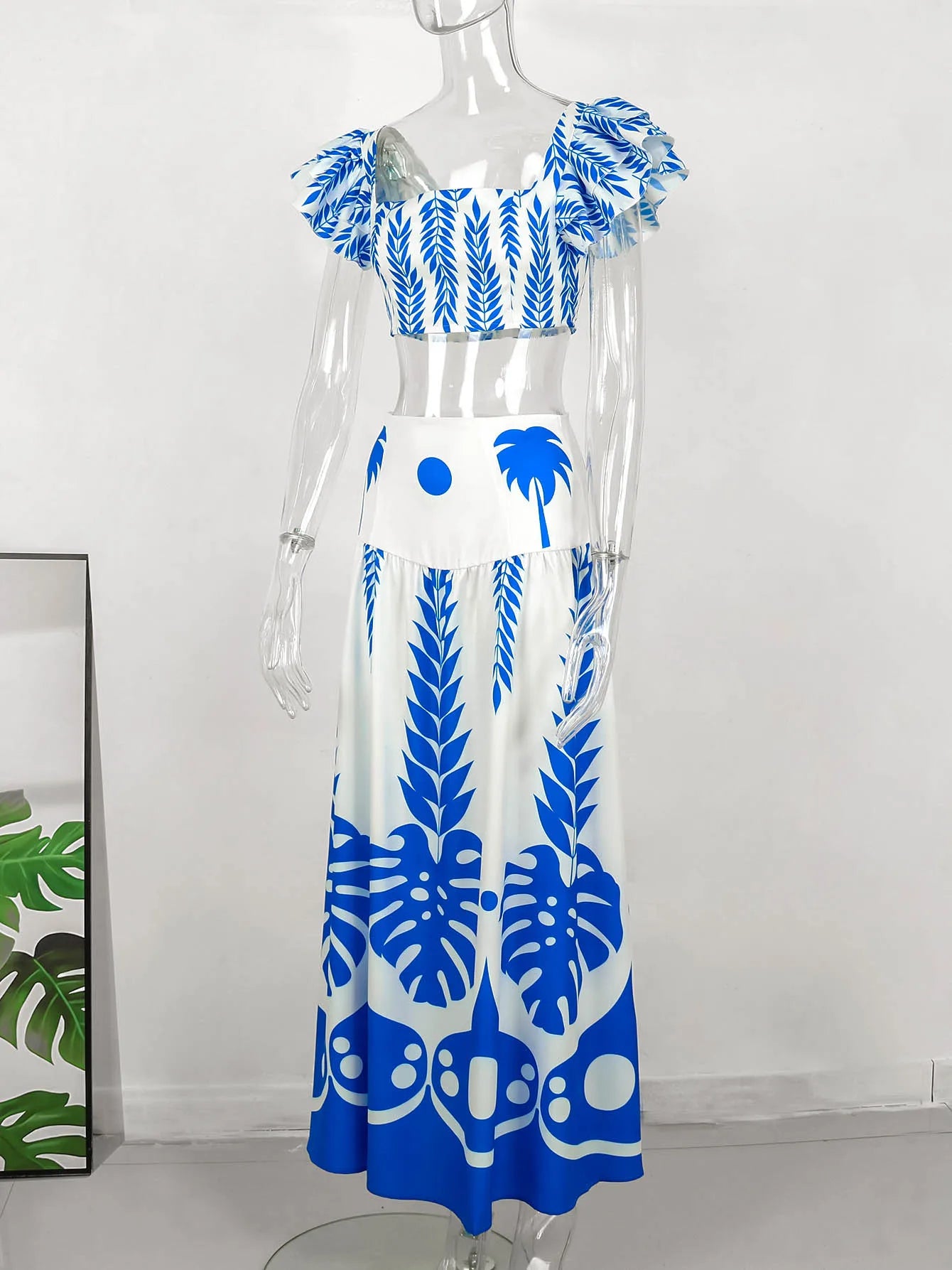 Women's Square Collar Flying Sleeve Ruched Crop Top & A-Line Ankle Skirt Set