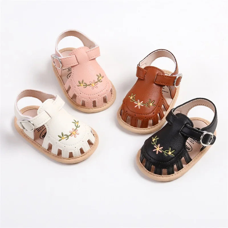 Newborn Baby Sandals PU Leather Non-slip Flower Embroidery Summer Flats Shoes