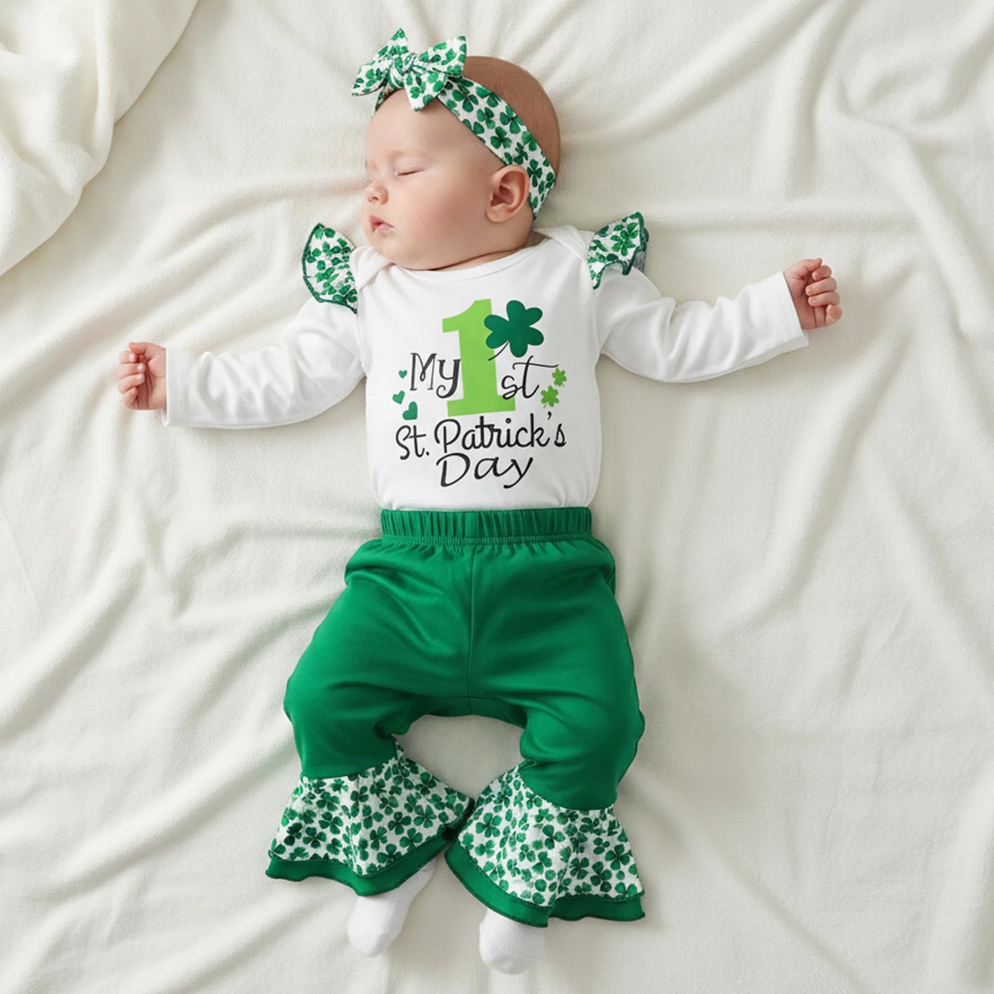 Baby Girls Boys Clover Print Outfit Set - Long Sleeve Romper with Flare Pants & Headband 0-18M