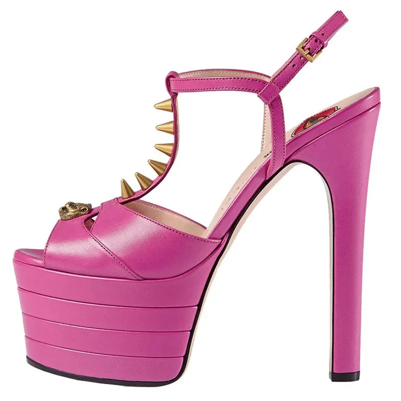 Women's Leather Platform Sandals - Wedge Heel Rivet T-Strap Sandals