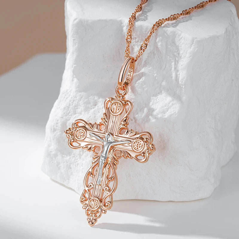 Unisex 585 Rose Gold Silver Orthodox Church Cross Pendant Necklace