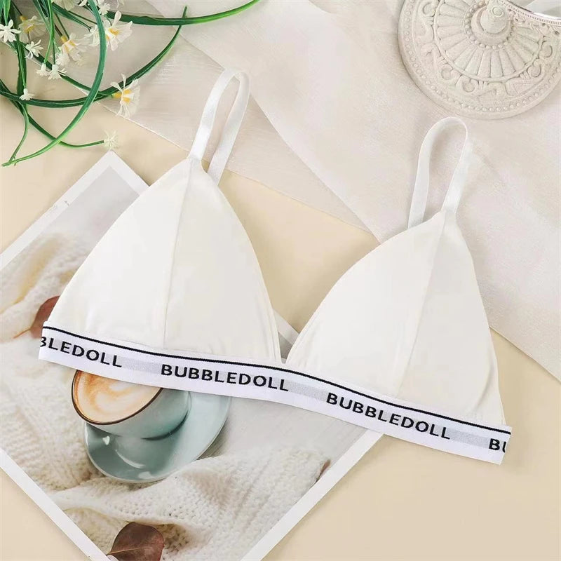 Women's Cotton Triangle Cups Bra Deep V Padded Brassiere Underwear Letter Push Up Lingerie Bra