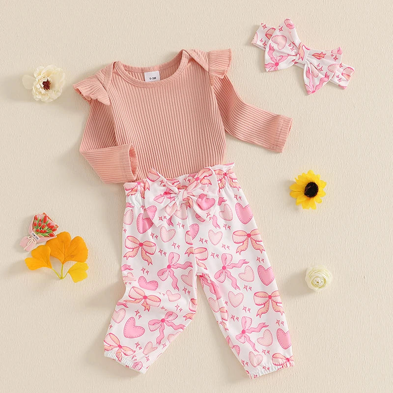 0-18M Baby Girls Fall Clothes Sets 3pcs Long Sleeve Ribbed Romper and Bow Front Pants and Headband