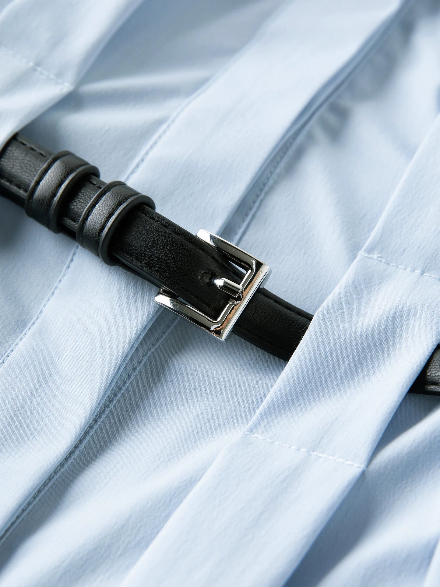 Vertical Striped Shirt Dress with Pleated Design and Belt