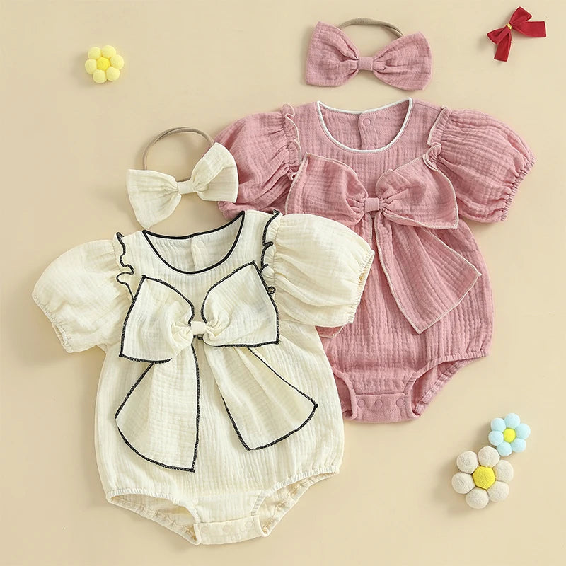 Baby Girls Bow Bubble Romper with Headband - Short Sleeve Ruffled Jumpsuit