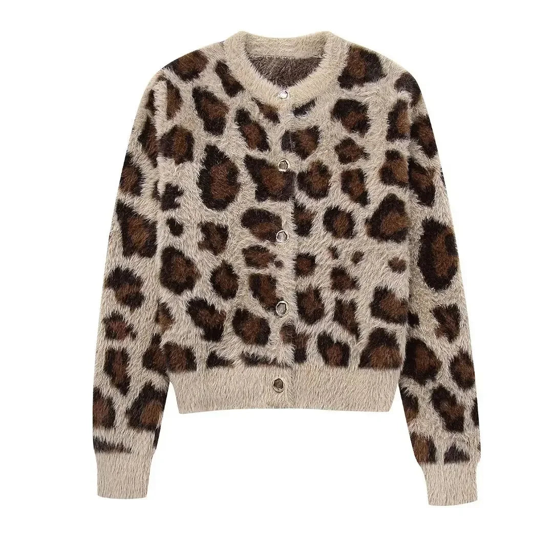 Women's Leopard Print Knit Sweater Cardigan Round Neck Jacquard Long Sleeve Knitted Jacket