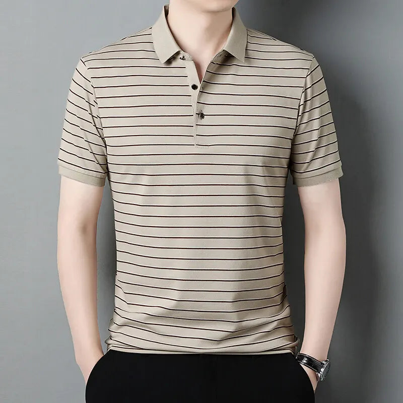 Men's Summer Striped Turn Down Collar Short Sleeve Smart Casual Wrinkle Free T-Shirt