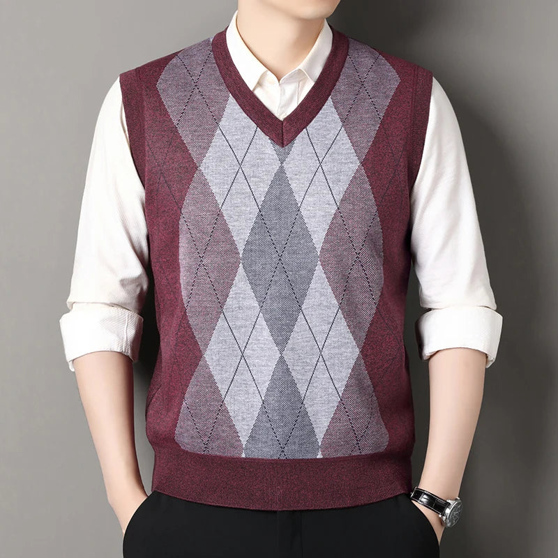 Autumn Winter Argyle Plaid Knit Vest - Fleece Sleeveless Waistcoat