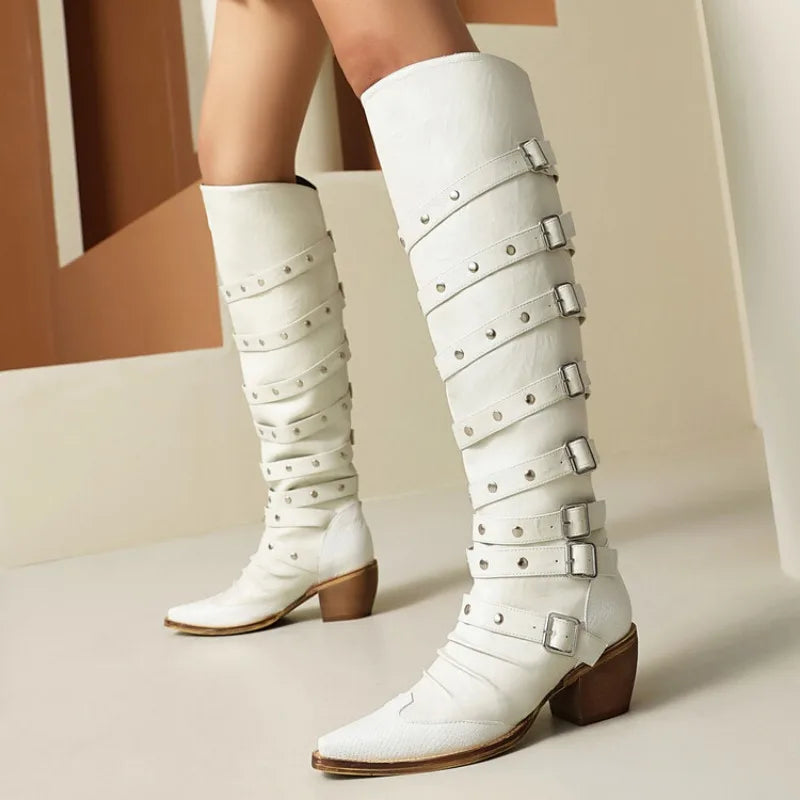 Women's 6cm Square Heel Knee High Boots Belt Buckle Rivet Pointed Leather Long Boots