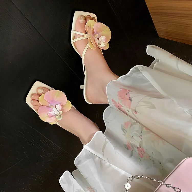 Women's 3D Flower Beach Slippers - Square Toe Heel Sandals