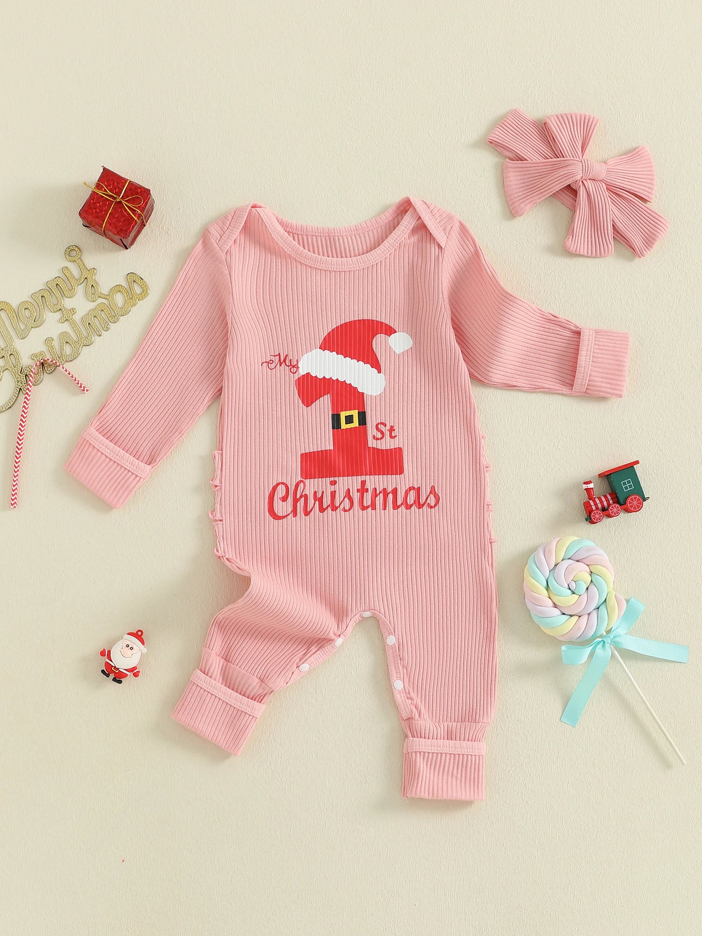 Baby Christmas Romper - Letter Hat Print Long Sleeve Jumpsuit with Headband (0-18M)