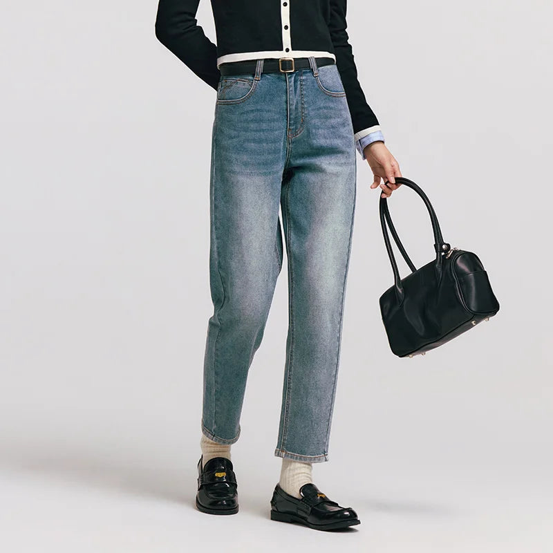 Women's Vintage Washed Tapered Jeans - Brushed Denim Loose Long Fit Winter Pants