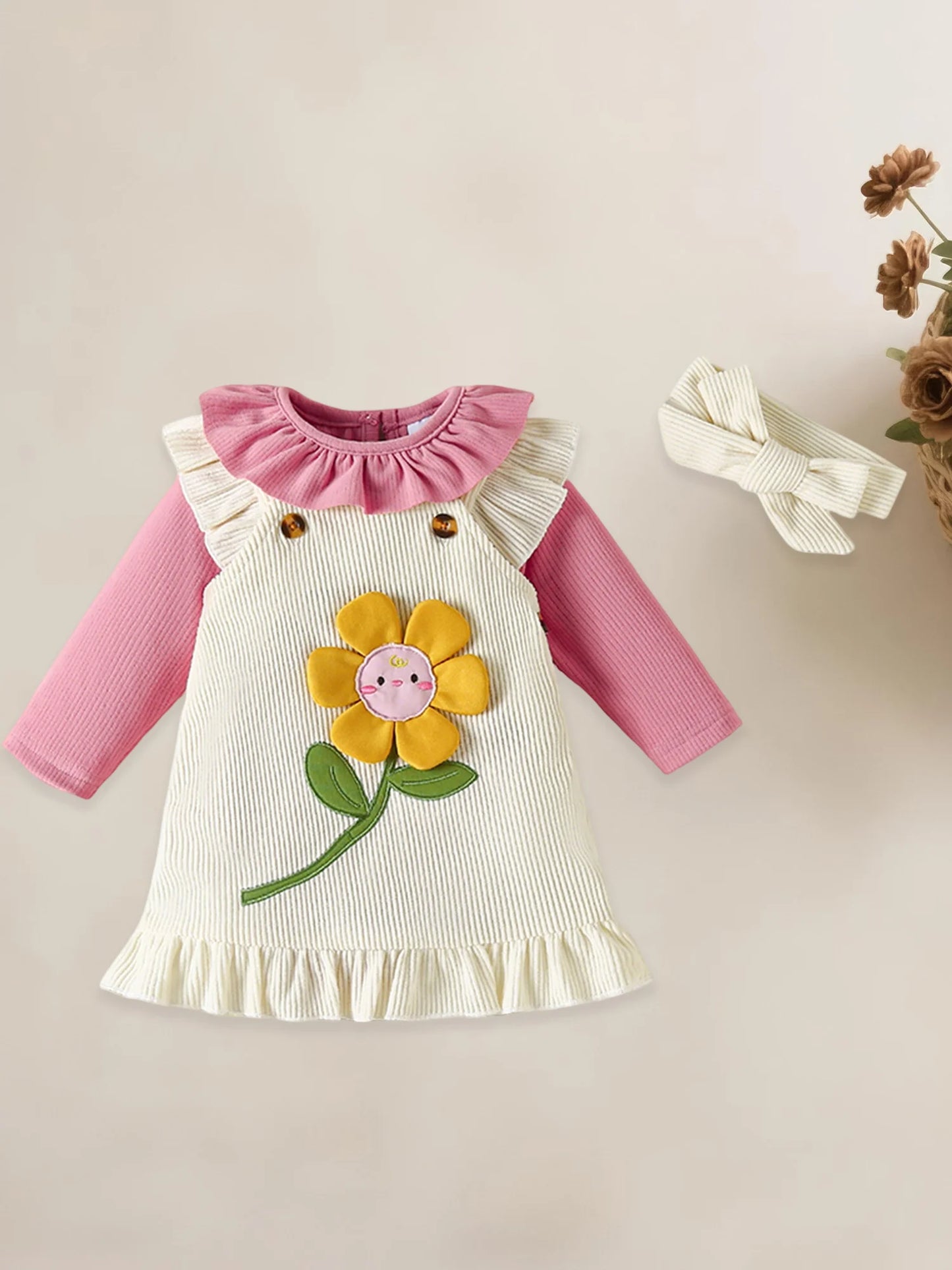 Baby Girls Sunflower Embroidery Outfit Set - Ruffled Long Sleeve Romper Dress & Bow Headband (0-18M)