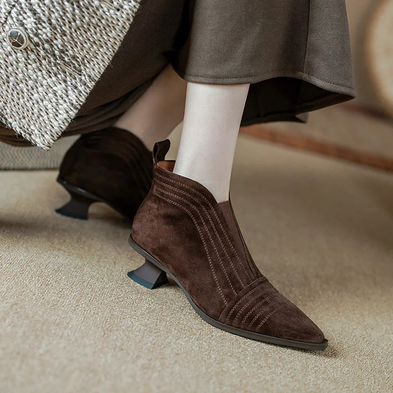 Women's  High-heel Sheep Suede Leather Shoes Pointed Toe Ankle Boots