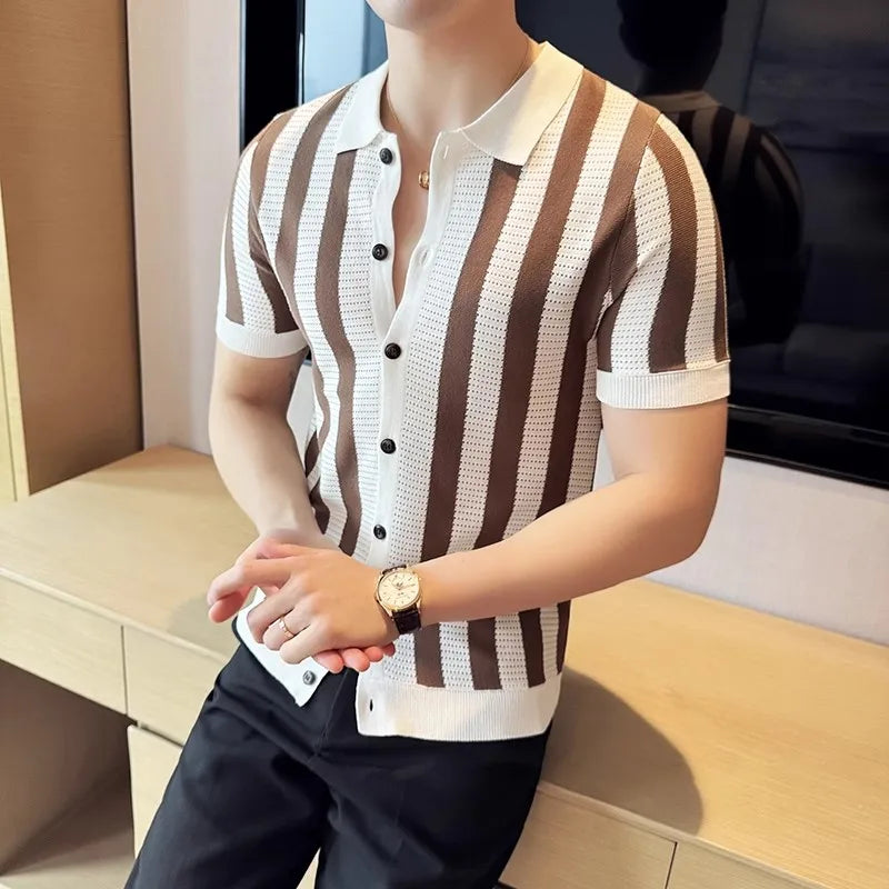 Men's Summer Striped Knit Lightweight Slim Fit  Turn Down Collar Short Sleeve Shirt
