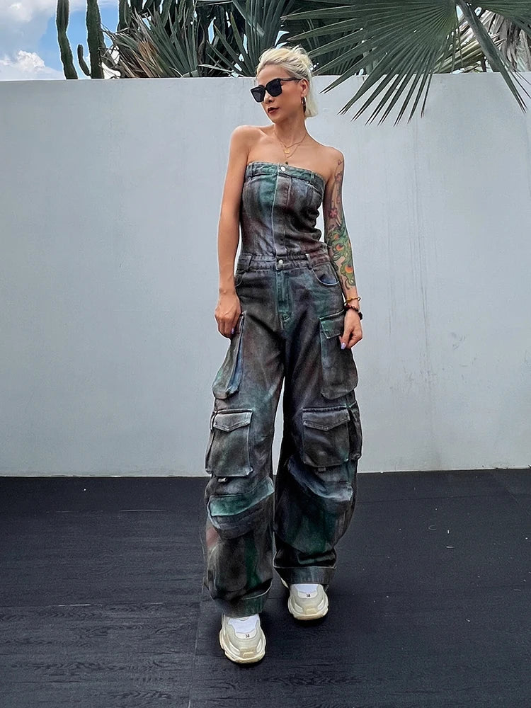 Women's Do Old Jumpsuit  - Strapless Sleeveless High Waist Loose Pant Patchwork Pockets Jumpsuit