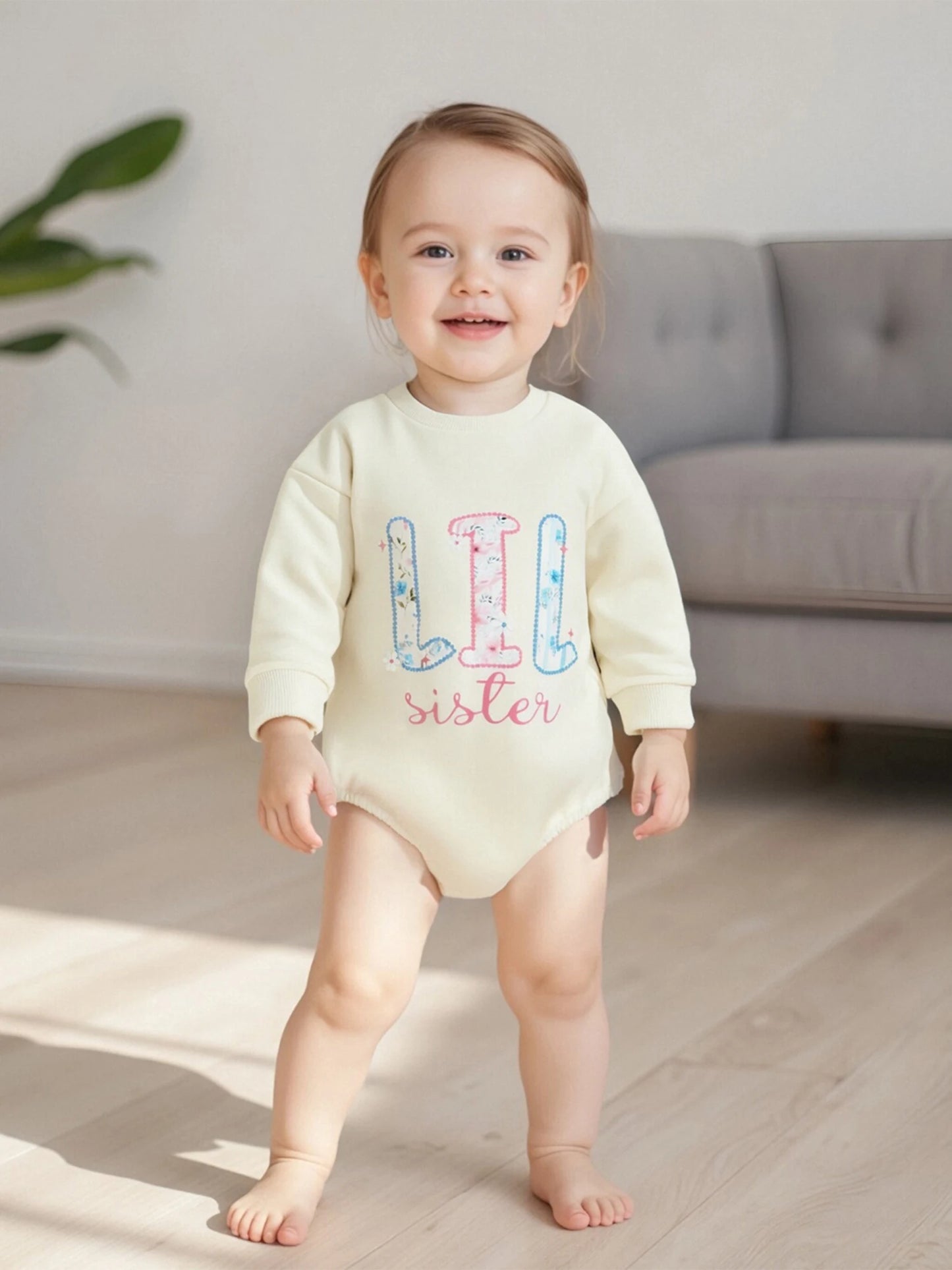 Sister Matching Outfits - Floral Letter Print Romper & Sweatshirt Set