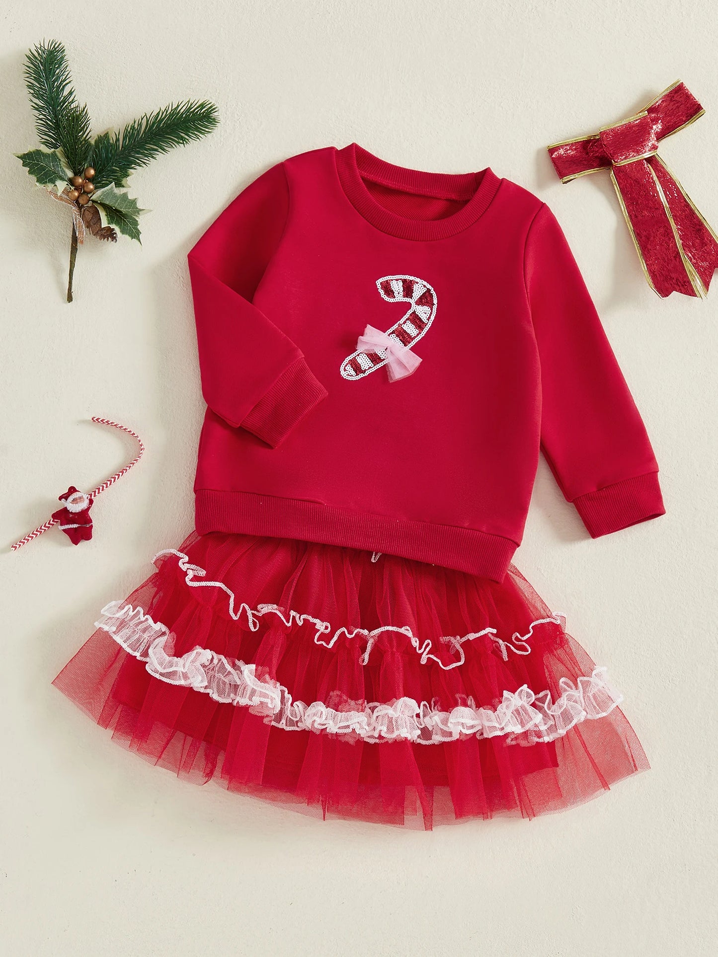Kids Girls Christmas Outfit Set - Long Sleeve Xmas Embroidery Sweatshirt & Tulle Skirt (0-4Y)