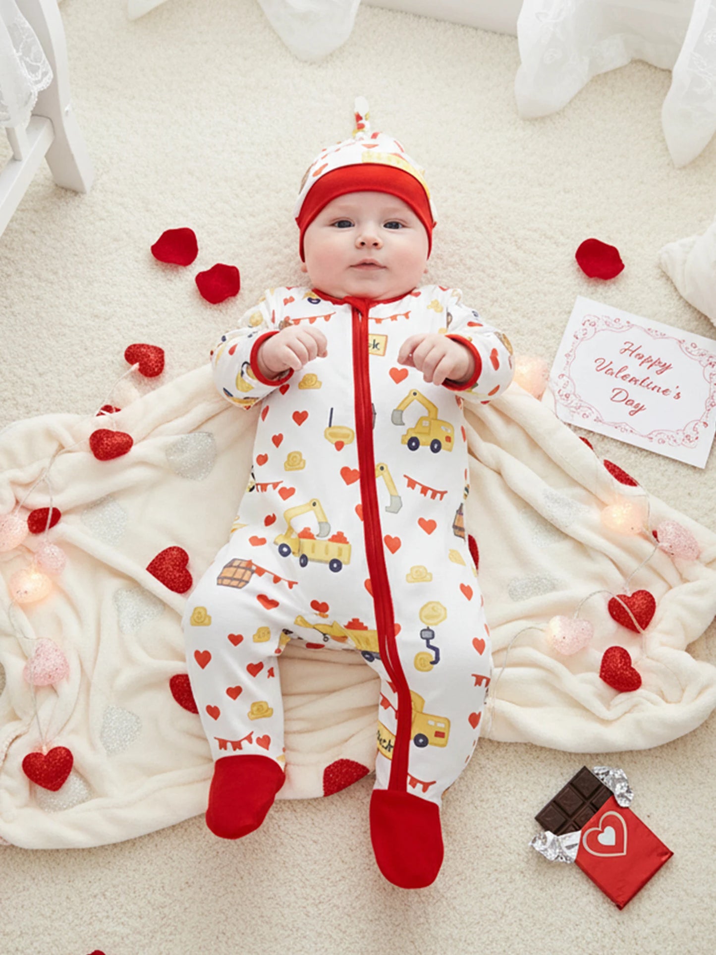 Baby Boys Girls Valentine's Day Romper Set - Excavator Heart Print Jumpsuit with Hat 0-18M
