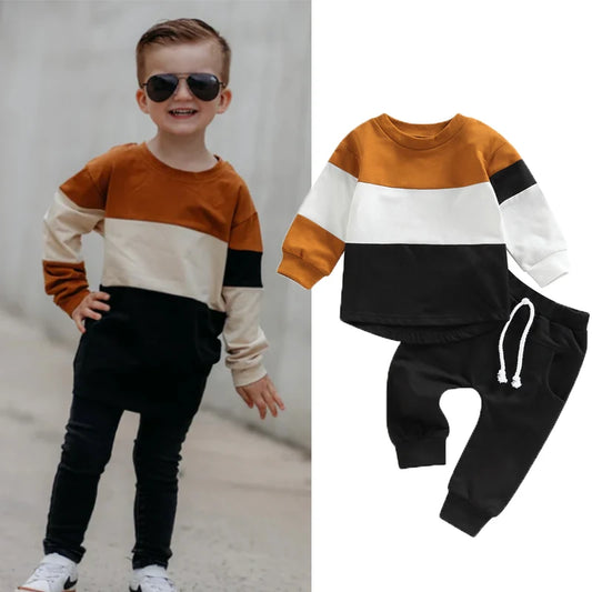 0-4Y Autumn Casual Kids Boys Clothes Sets 2pcs Patchwork Long Sleeve Pullover Sweatshirt Top Pant