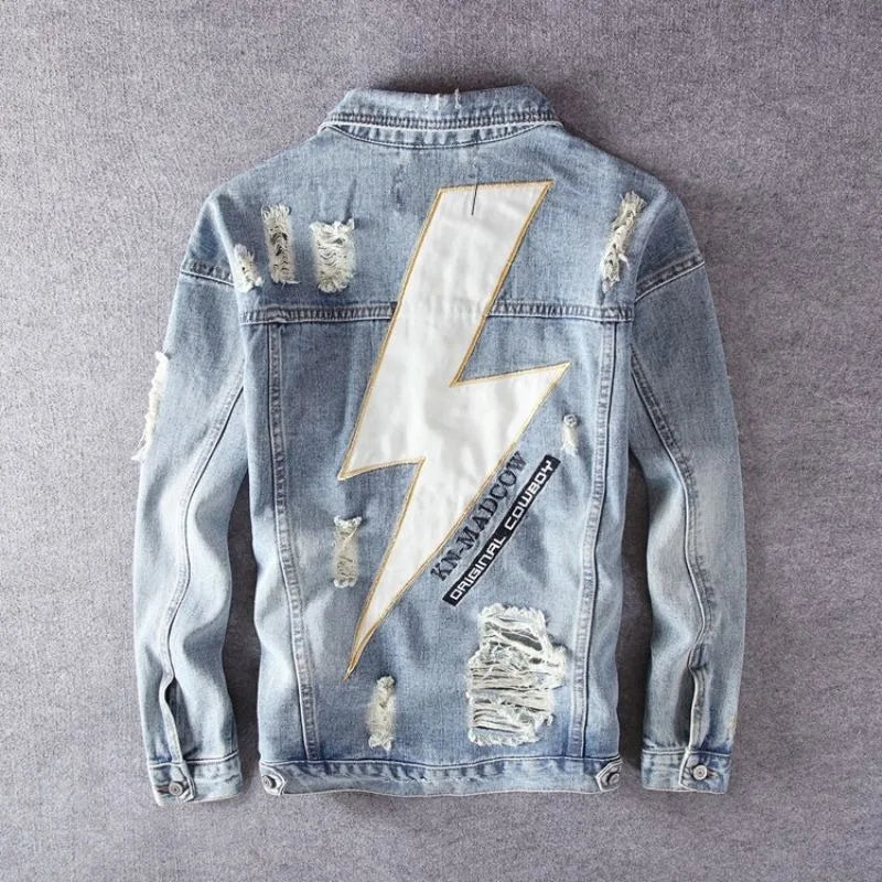 Men's Embroidered Denim Jacket - Retro Ripped Street Style