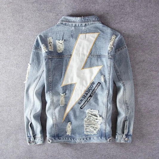 Men's Embroidered Denim Jacket - Retro Ripped Street Style
