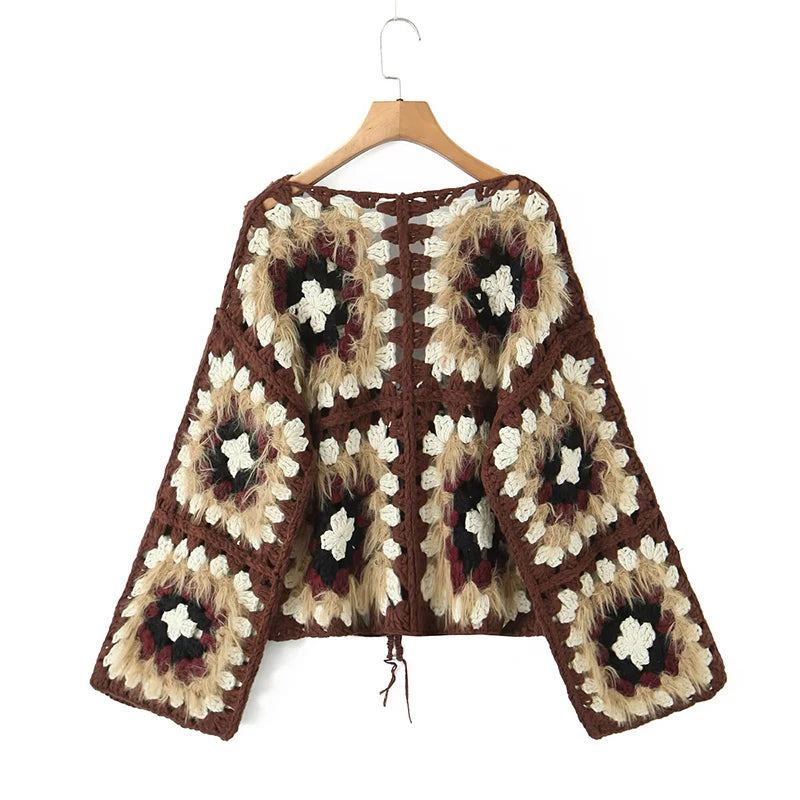 Boho Plaid Handmade Crochet Cardigan - Long Sleeve Lace Up Autumn Sweater