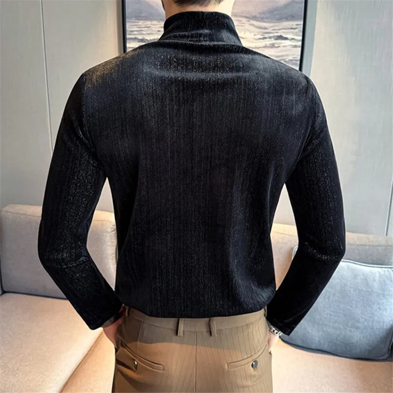 Men's Velvet Mock Neck Long Sleeve T-Shirt